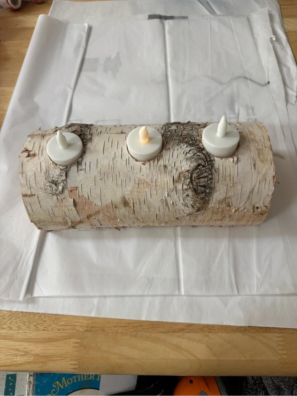 Rustic Birch (Yule)Log Tea Light Candle Holder - White; holidays or decor
